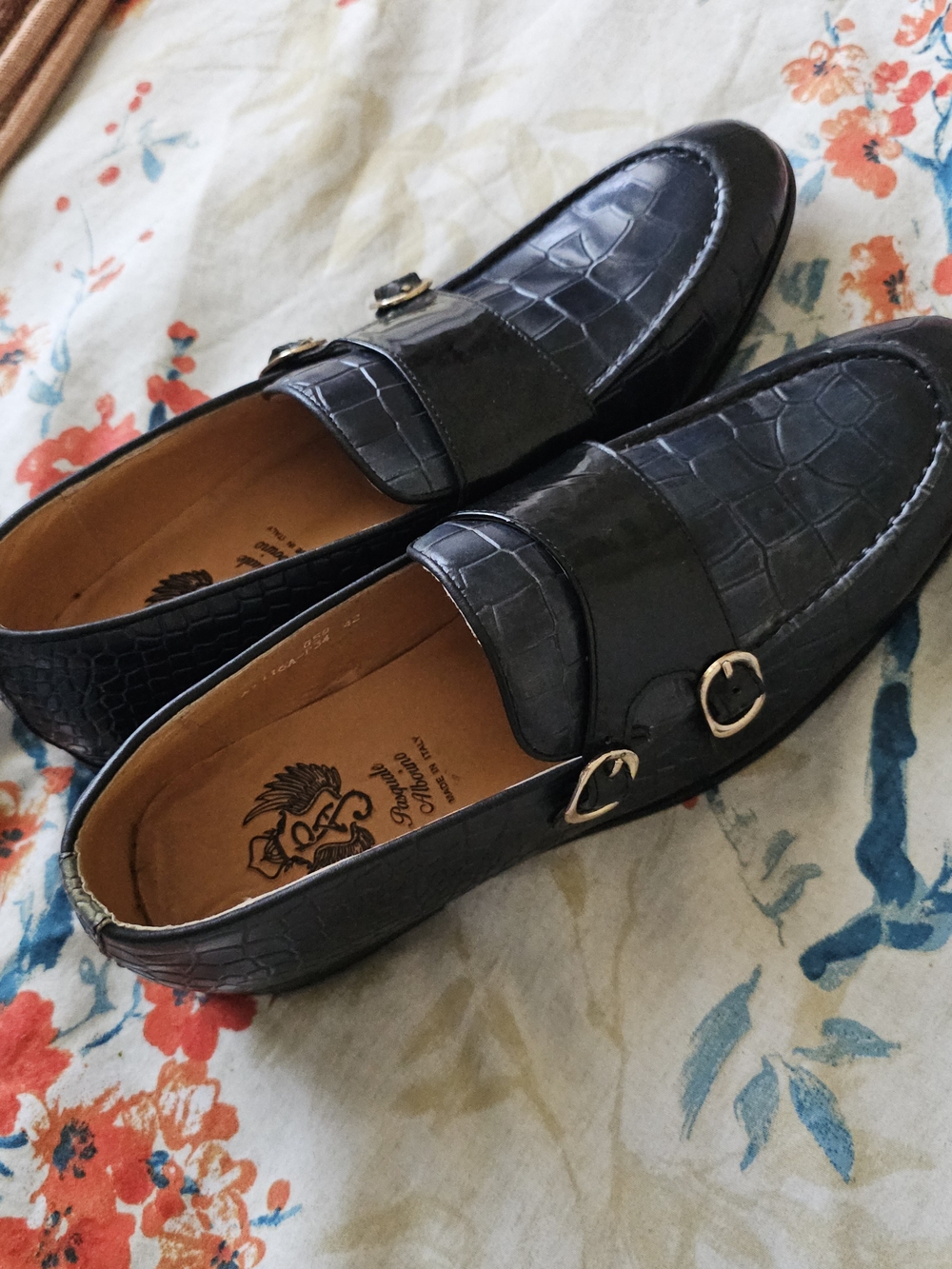 Men's Black Croc-Texture Double Monk Strap Loafers Made In Italy